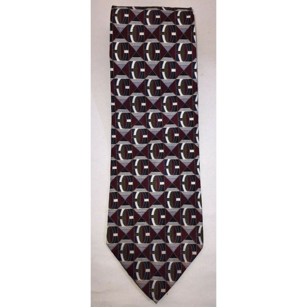 NOS Henry Grethel Geometric Maroon‎ 100% Italian Silk Neck Tie - 56" Length